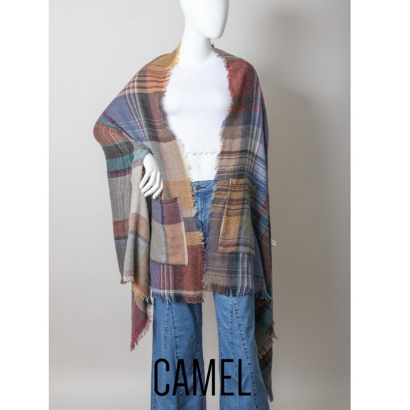 Plaid Pocket Ruana Poncho Blanket Sweater Scarf - Picture 2 of 7